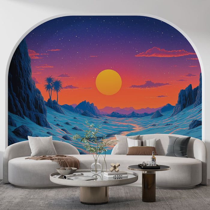 Tapetti auringonlasku | Autiomaisema, jossa on värikkäitä sävyjä ja palmuja