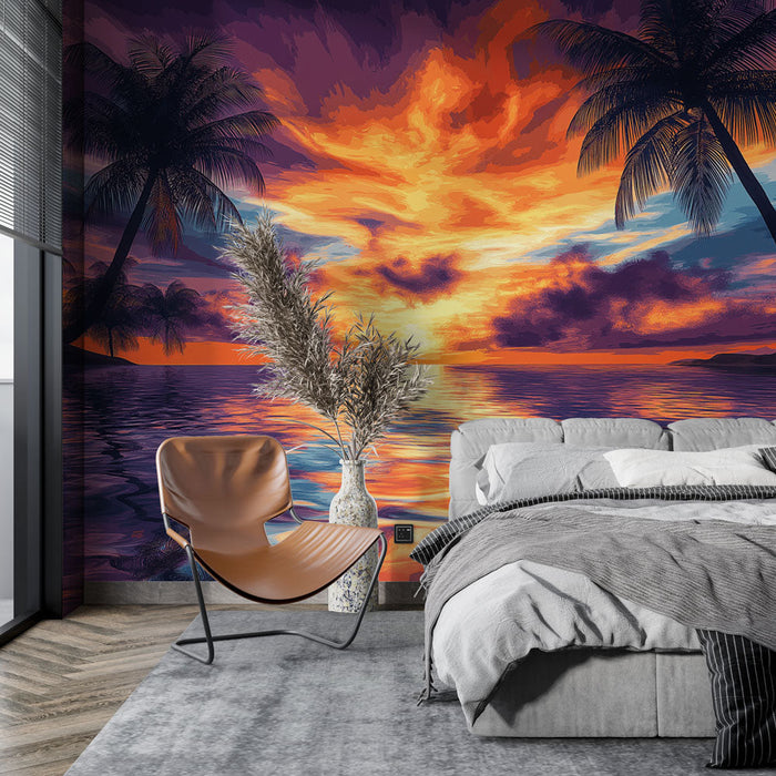 Tapetti auringonlasku | Trooppinen maisema palmujen kanssa veden äärellä