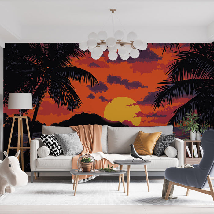 Carta da parati tramonto | Paesaggio tropicale con palme e mare scintillante