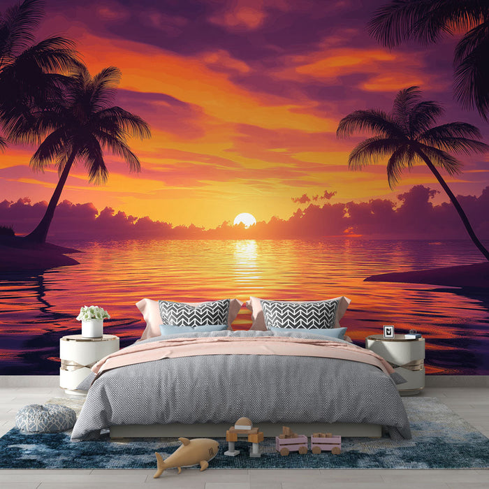 Carta da parati tramonto | Paesaggio tropicale con palme e mare calmo