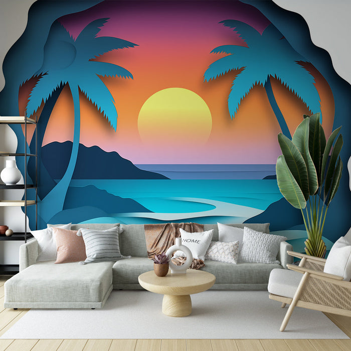 Tapete Sonnenuntergang | Tropische Landschaft mit Palmen und blauem Ozean