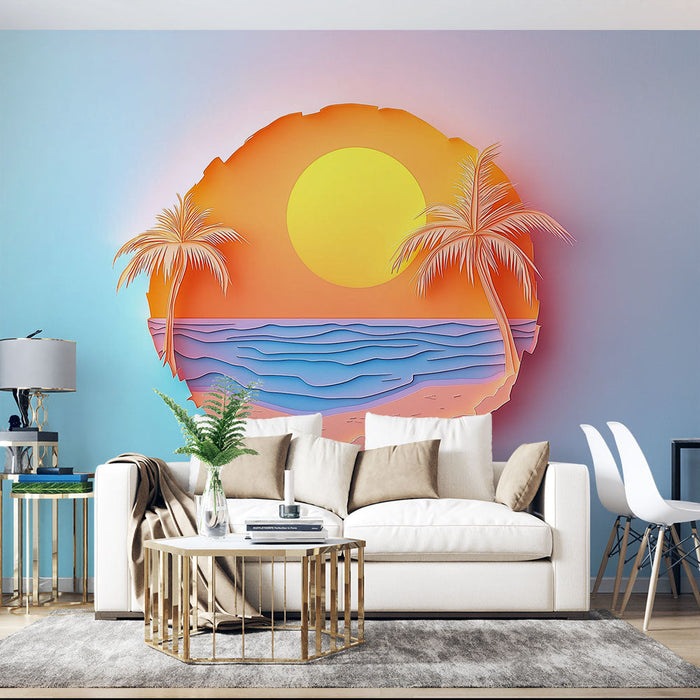 Tapet solnedgång | Tropiskt landskap i klippt papper med palmträd och hav