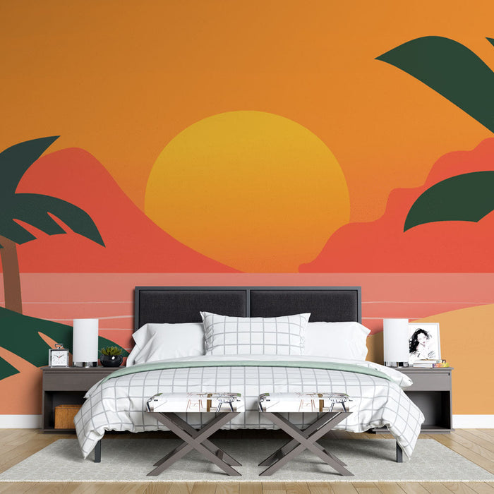 Tapetti auringonlasku | Tyylitelty trooppinen maisema palmuineen ja valtamerineen