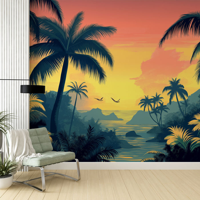 Tapet apus de soare | Peisaj tropical vibrant cu palmieri