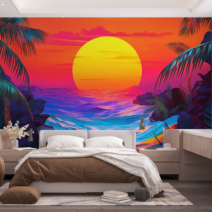Tapet apus de soare | Plajă tropicală cu palmieri și soare vibrant