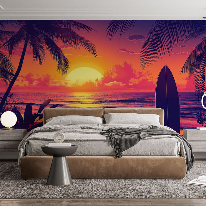 Papel de parede por do sol | Praia tropical com coqueiros e surf