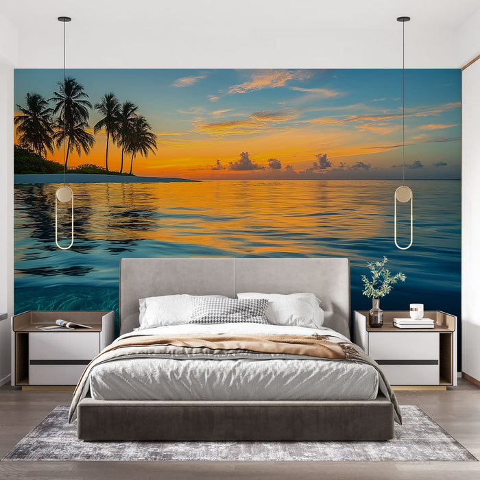 Papel pintado atardecer | Playa tropical y palmeras