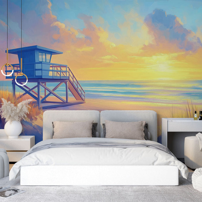 Tapete sunset beach | Μια γαλήνια σκηνή παραλίας με έναν πύργο του ναυαγοσώστη