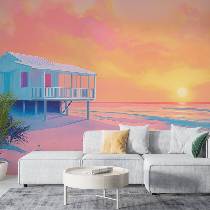 Tapet mural apus ploios | Casa de plajă în fața unui apus pastel