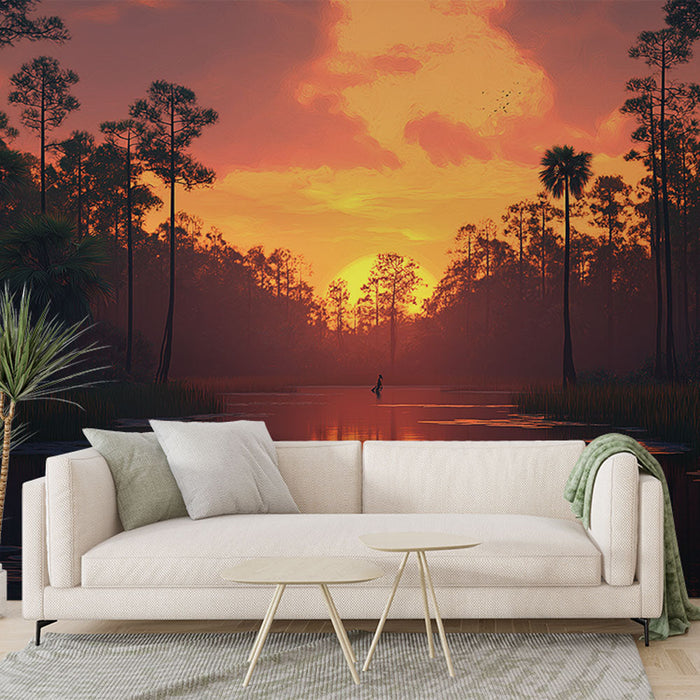 Fototapeet päikeseloojang | Kuldne peegeldus järve rahulikul stseenil, mida ümbritsevad puud