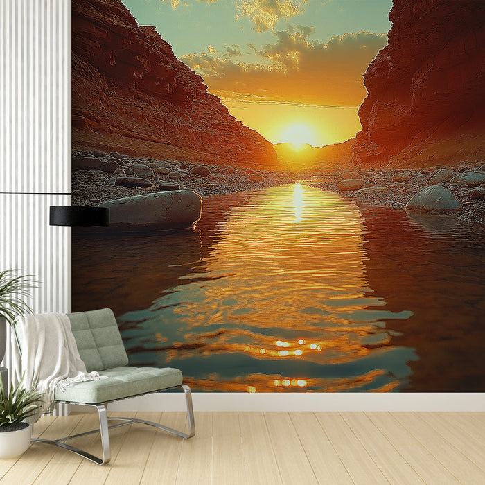 Tapeta zachodzącego słońca | Złote refleksy na spokojnym strumieniu