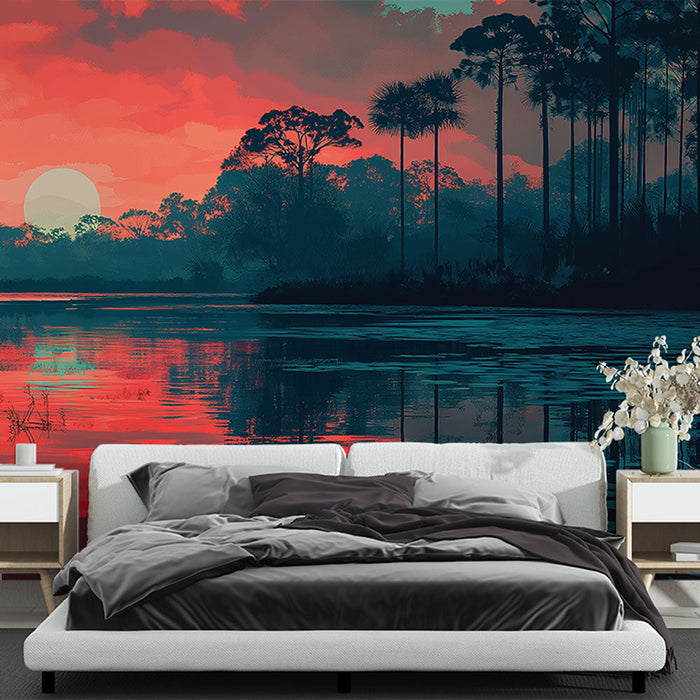 Foto Behang zonsondergang | Levendige reflecties op een rustige rivier