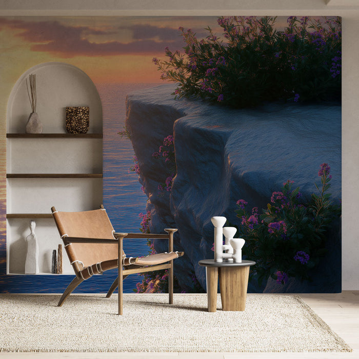 Tapeta zachód słońca | Sielankowe wybrzeże z fioletowymi kwiatami