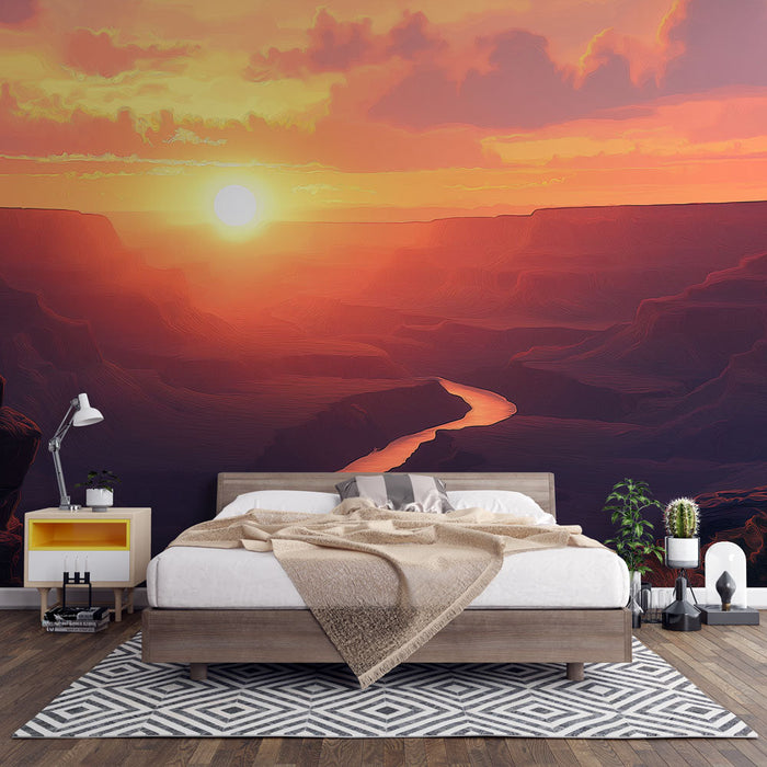 Tapetti auringonlasku | Joki kiemurtelee kanjonien läpi iltahämärässä