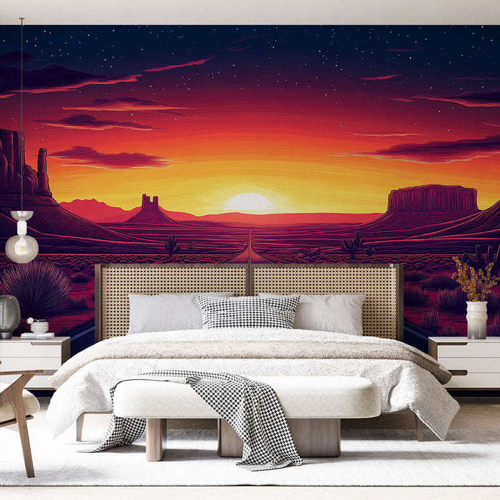 Tapete Sonnenuntergang | Wüstenstraße unter einem sternenklaren Himmel