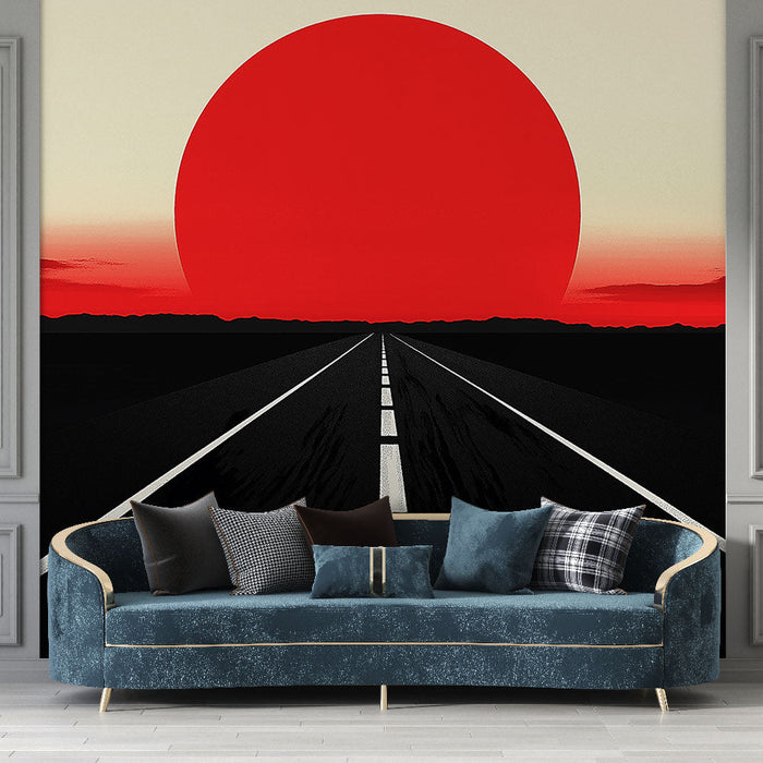Foto Behang zonsondergang | Weg die leidt naar een levendige rode zon