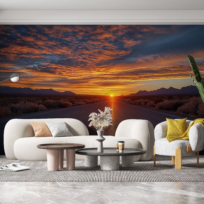 Foto Behang zonsondergang | Panoramische weg met een spectaculaire zonsondergang
