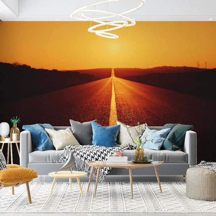 Foto Behang zonsondergang | Stille weg onder een oranje lucht