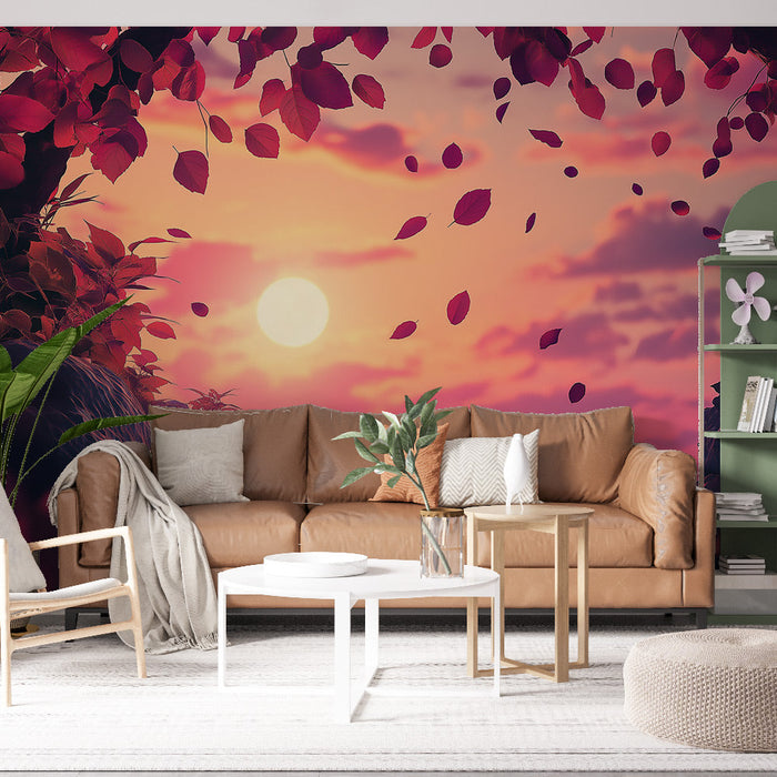 Papel de parede pôr do sol | Cena relaxante com folhas caindo e um lago calmo