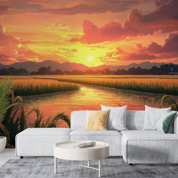 Tapetti auringonlasku | Riisipeltojen maisema hämärässä