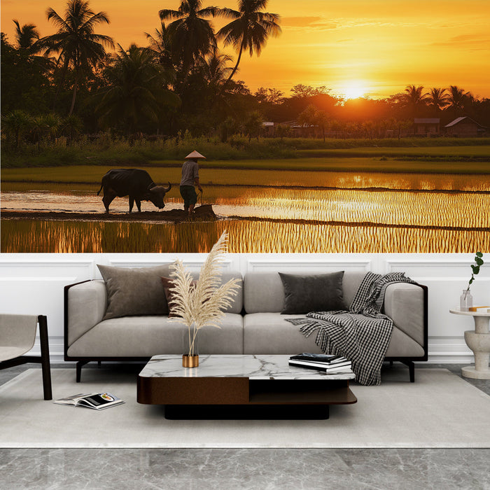 Seinatapeet päikeseloojang | Maastik pühvlite ja kuldsete riisipõldudega