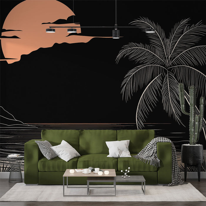 Tapet solnedgang | Tropisk scene med palmetræer og fredeligt hav