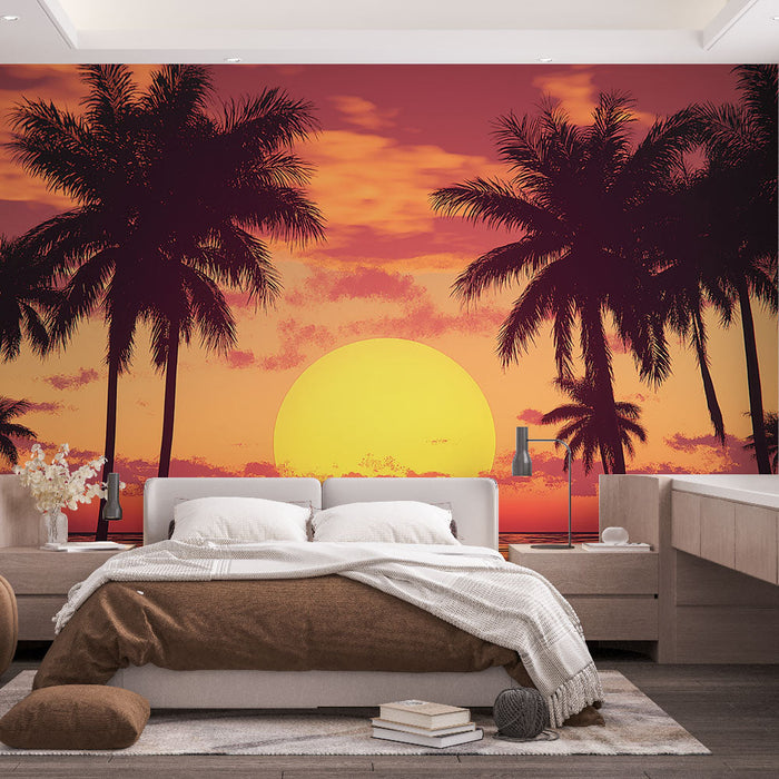 Muraaltapeet päikeseloojang | Troopiline stseen palmipuude ja ookeaniga