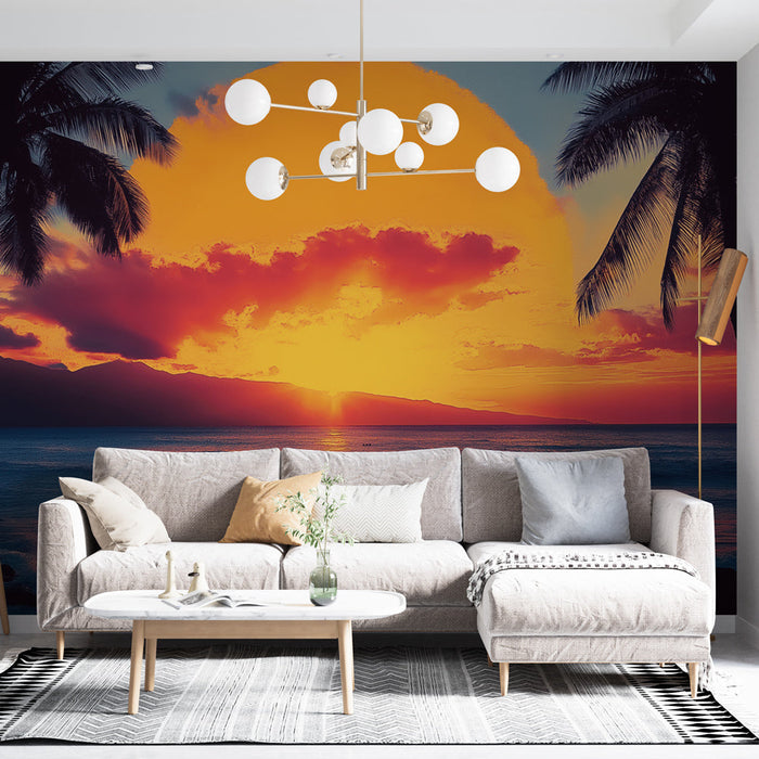 Carta da parati tramonto | Scena tropicale con palme e oceano luminoso