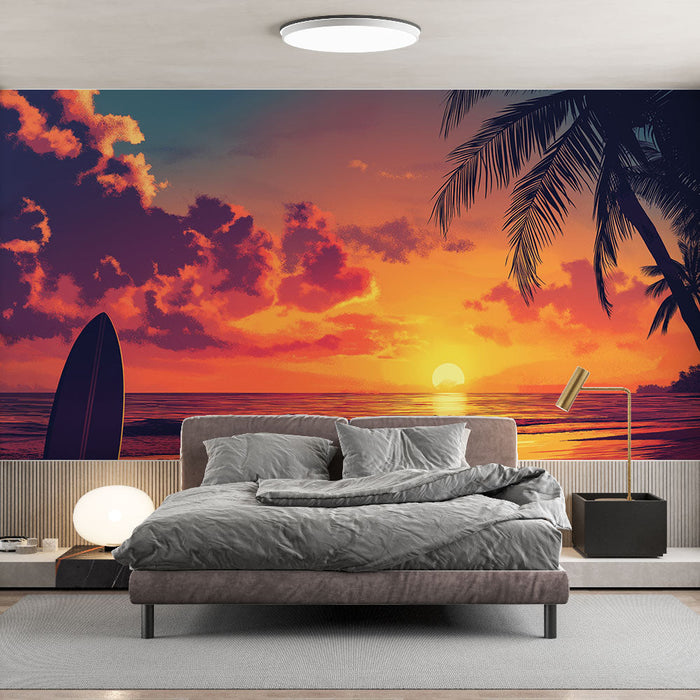 Tapet apus de soare | Scenă tropicală cu surfing și palmieri