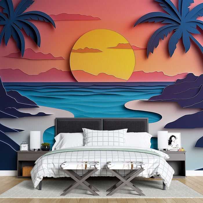 Tapet solnedgang | Stiliseret tropisk scene med palmetræer og bølger