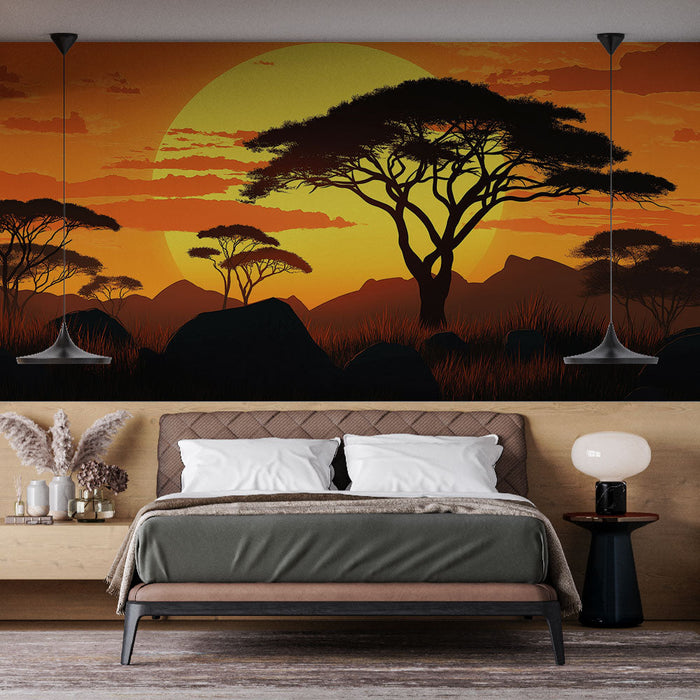 Foto Behang zonsondergang | Silhouet van acacia's in een warme sfeer