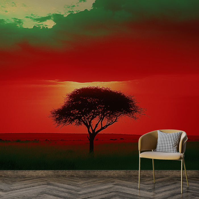 Tapeta zachód słońca | Sylwetka drzewa na żywym tle