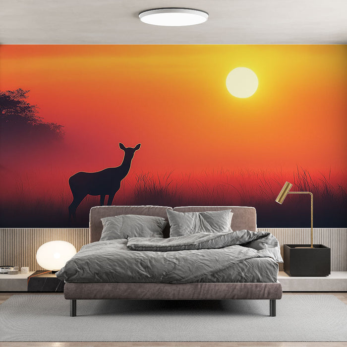Fototapet solnedgång | Silhuett av en hjort i dimman