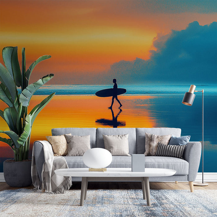 Papel de parede pôr do sol | Silhueta de um surfista em uma praia tranquila