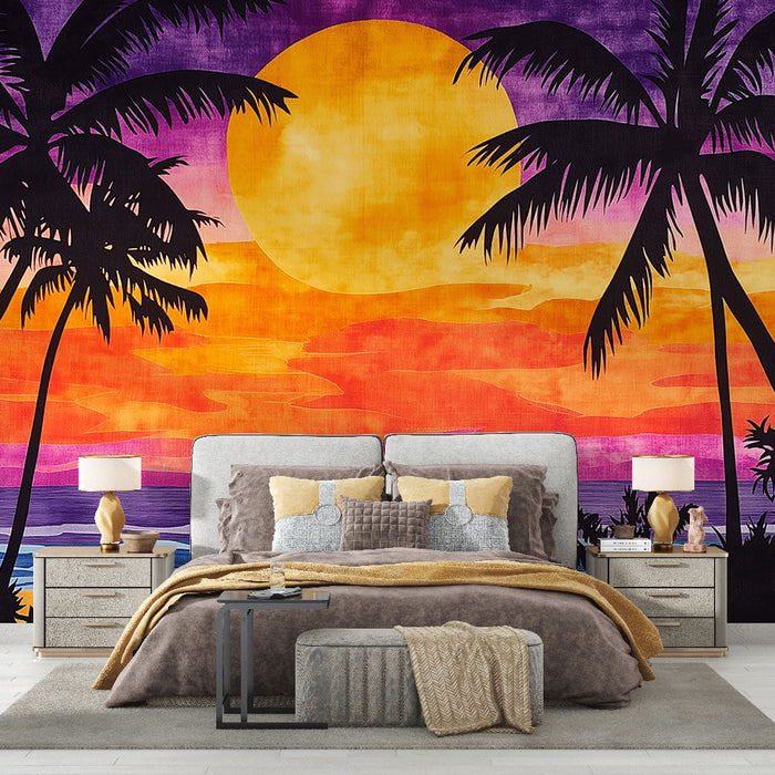 Mural Wallpaper sunset | Silhouette of palm trees on a colorful background