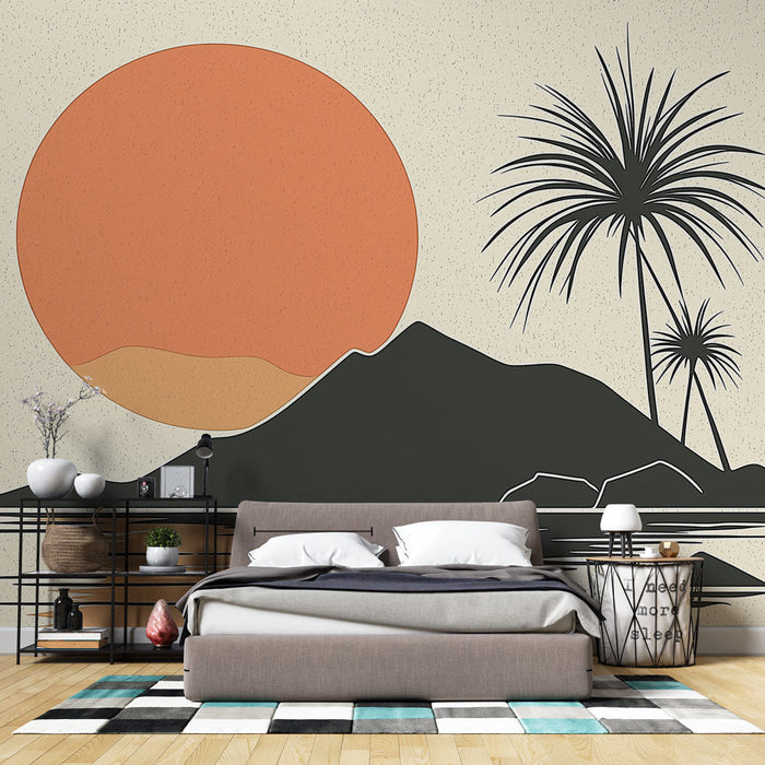 Tapetti auringonlasku | Tyylikäs vuoren ja palmupuiden siluetti veden äärellä