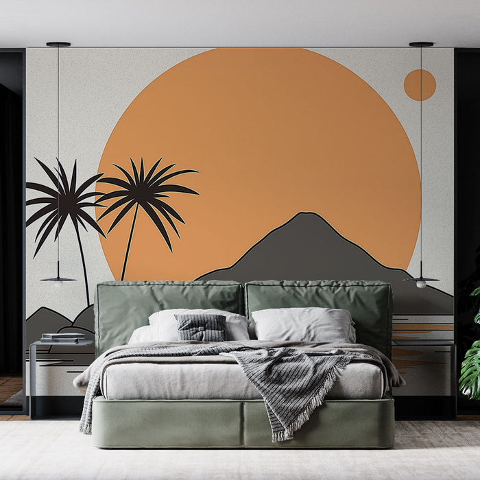 Falfestmény naplemente | Trópusi sziluett pálmafákkal és hegyekkel