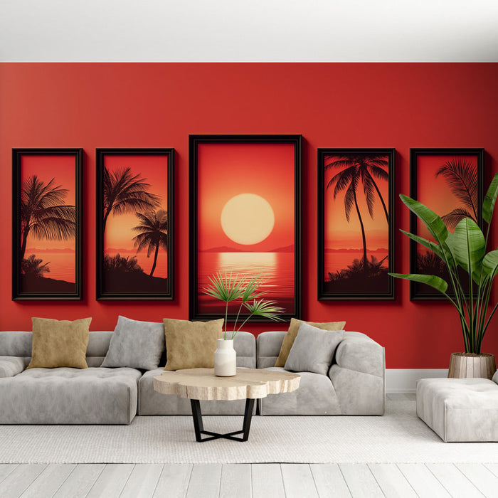 Fototapet päikeseloojang | Palmiokste siluetid soojal taustal