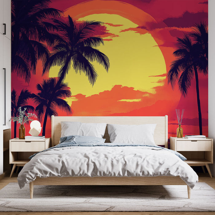 Ταπετσαρία τοίχου ηλιοβασίλεμα | Θεαματική τροπική σκηνή με φοίνικες και παραλία