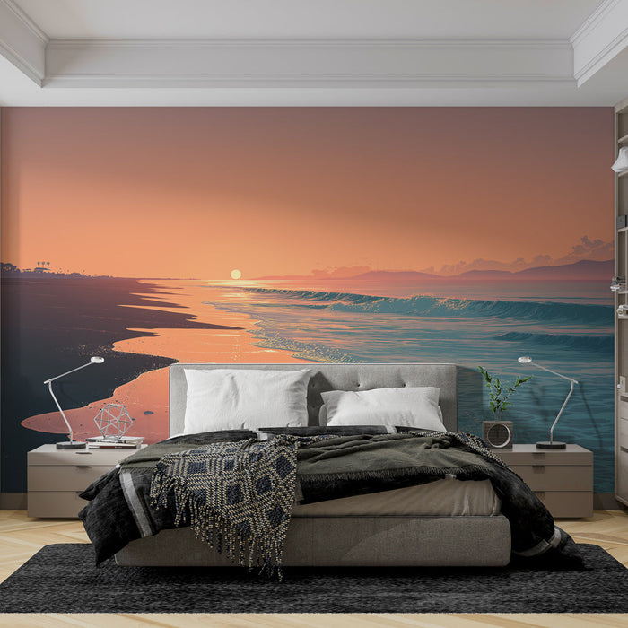 Fototapet ηλιοβασίλεμα στην παραλία | Καταπραϋντικό ακτογραμμή με κύματα και απαλό ουρανό