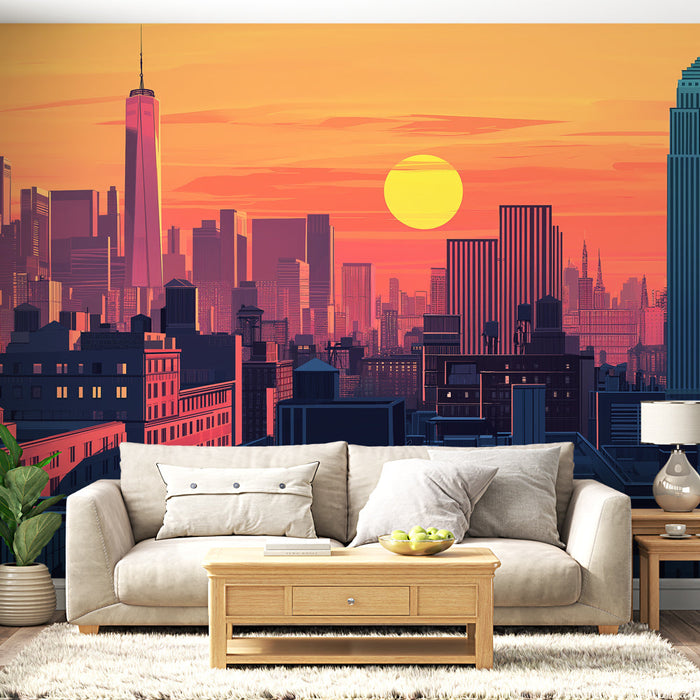 Fototapete Sonnenuntergang über New York | Städtische Panoramaansicht mit lebendigen Farben