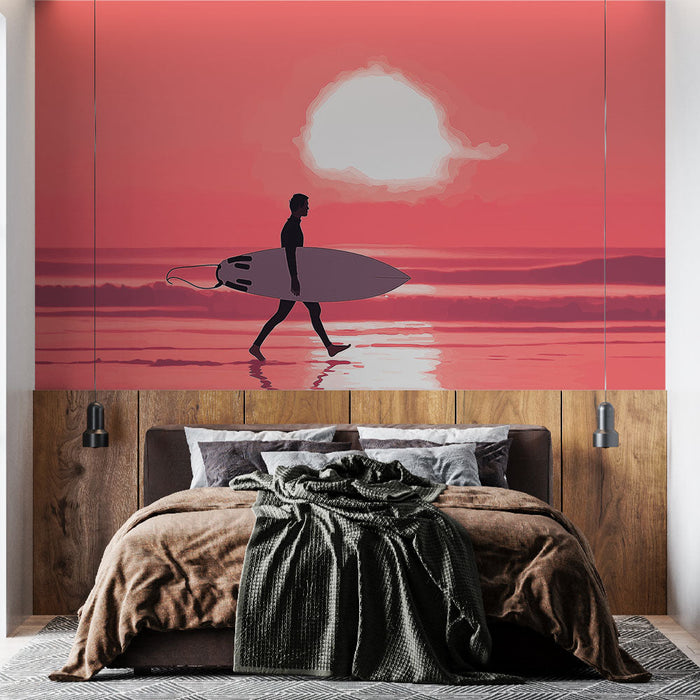 Tapete Sonnenuntergang | Surfer, der bei Einbruch der Dunkelheit am Strand entlanggeht