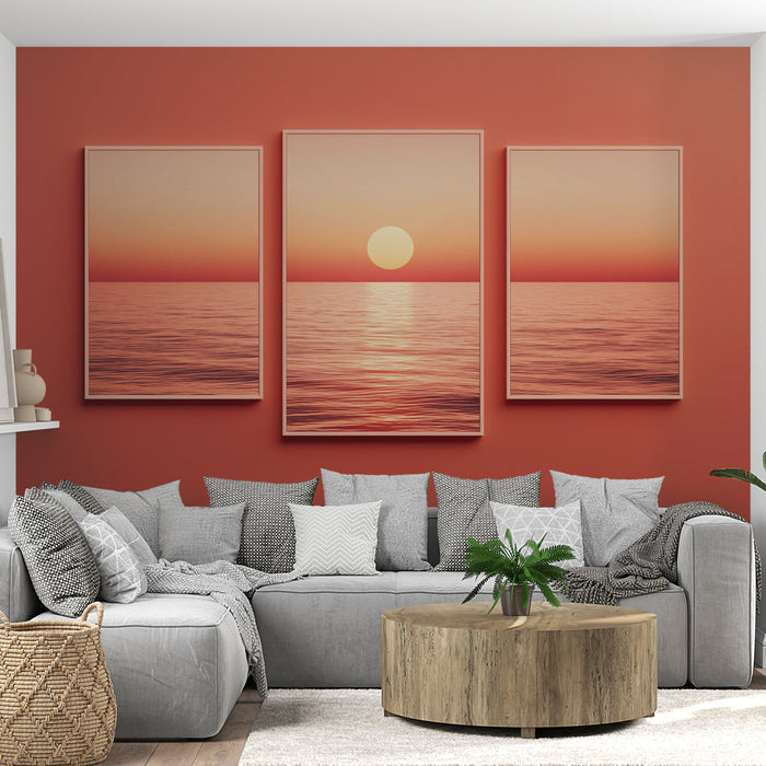 Ταπετσαρία τοιχογραφίας ηλιοβασιλέματος | Καταπραϋντικό τρίπτυχο σε κοραλλί υπόβαθρο