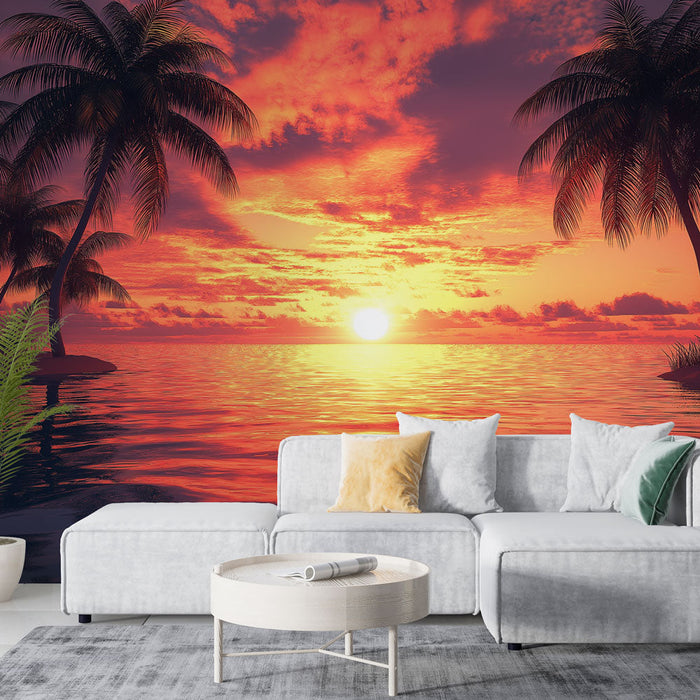 Tapete τροπικό ηλιοβασίλεμα | Μεγαλειώδεις φοίνικες δίπλα στο νερό