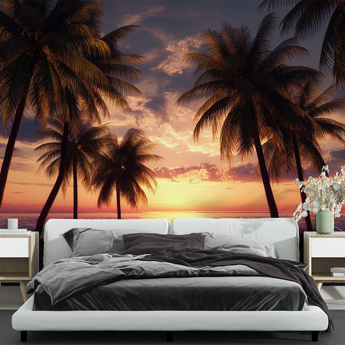Tapete μουράλ τροπικό ηλιοβασίλεμα | Φοίνικες σιλουεταρισμένοι στη δύση σε μια γαλήνια παραλία