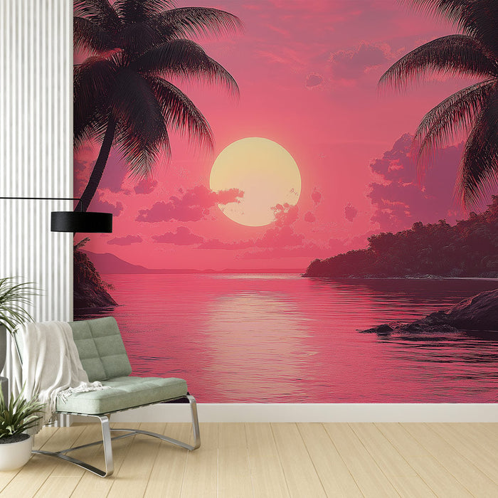 Fototapet tropisk solnedgang | Strandlandskab med palmer og hav i delikat lyserød