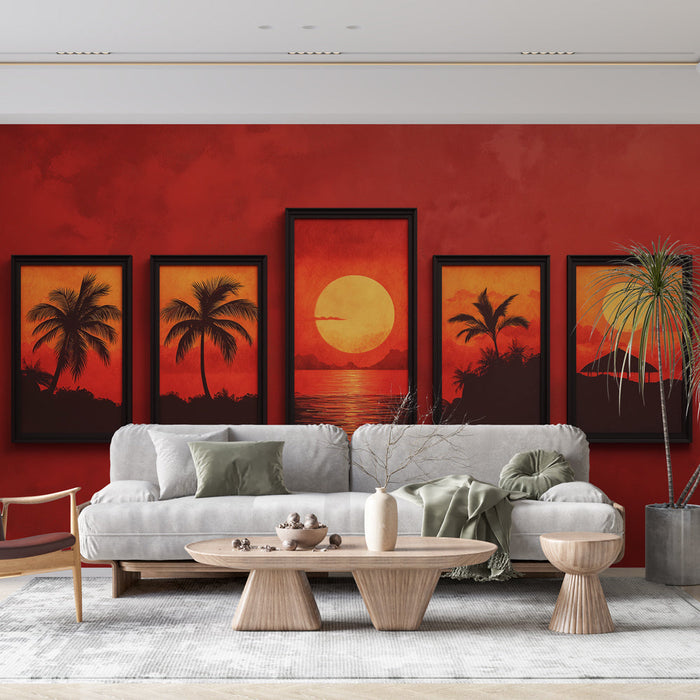 Ταπετσαρία τροπικού ηλιοβασιλέματος | Εξωτικό τοπίο με φοίνικες και φλαμπουάντ ουρανό