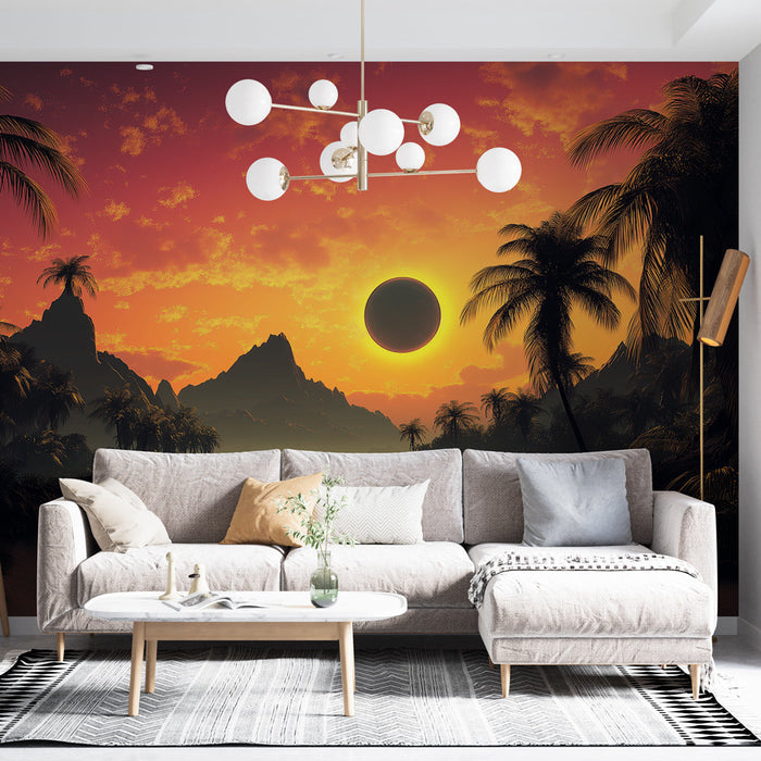 Tapete Τροπικό ηλιοβασίλεμα | Ειδυλλιακό τοπίο με φοινικόδεντρα και βουνά