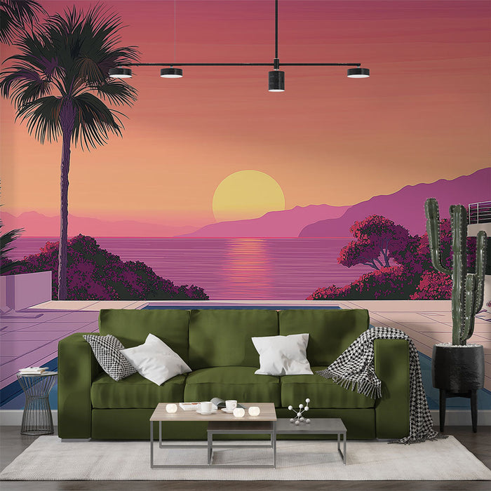 Tapeta tropický západ slunce | Bazén a palma krajina pod pastelovými odstíny