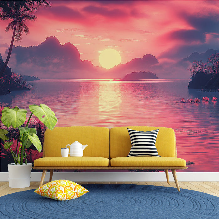 Fototapet solnedgang | Et beroligende landskab med vandliljer og pastelfarvede lyserøde bjerge